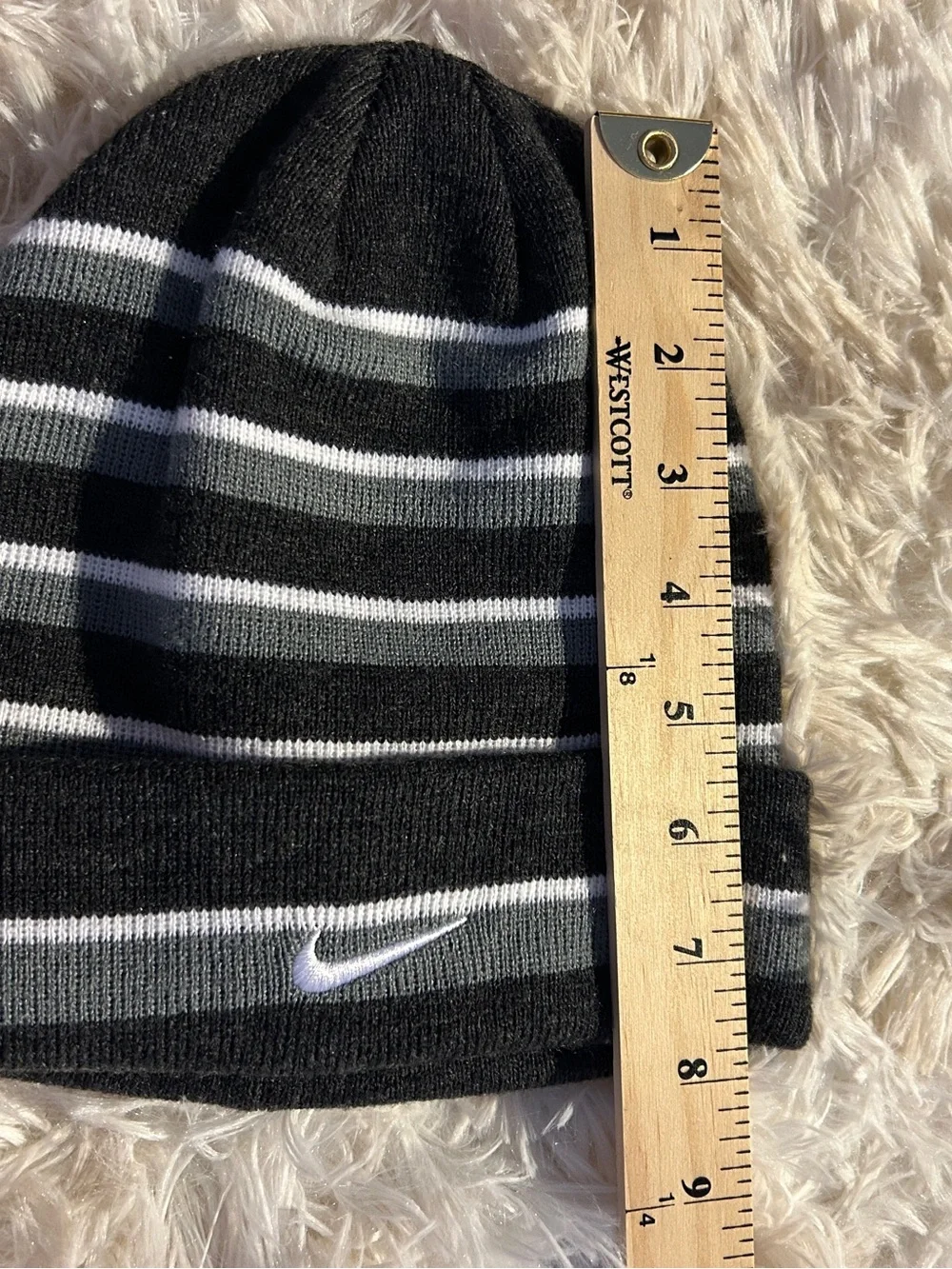 Nike Black, Dark Gray and White Striped Cuffed Beanie